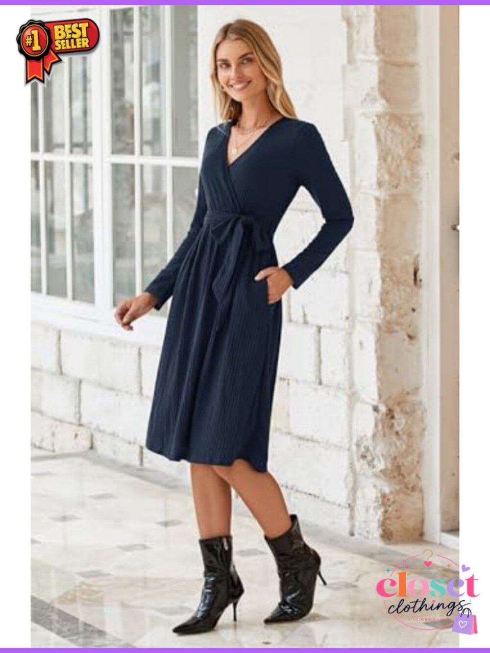 Ribbed Knit Sweater Dress Belted Midi Business Casual Teacher Women's - Picture 2 of 5
